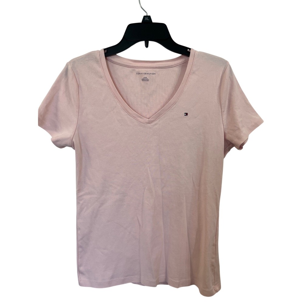 Tommy Hilfiger Womens V-Neck T-Shirt Light Pink Short Sleeve Logo Tee Size Large